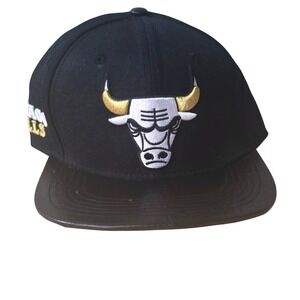 Pro Standard Chicago Bulls NBA Leather Visor Strapback Hat Black Gold Men's Cap